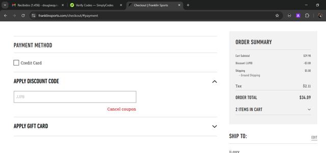 Franklin Sports checkout page showing Franklin Sports discount code box | Screenshot taken by SimplyCodes community member on Sep 11, 2025