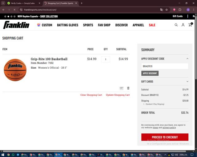 Franklin Sports checkout page showing Franklin Sports discount code box | Screenshot taken by SimplyCodes community member on Sep 11, 2025