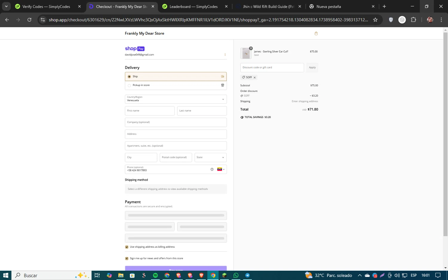 Frankly My Dear discount code screenshot showing code 5OFF applied at Frankly My Dear checkout page. Uploaded by SimplyCodes community member 61451681 on Feb 7, 2025