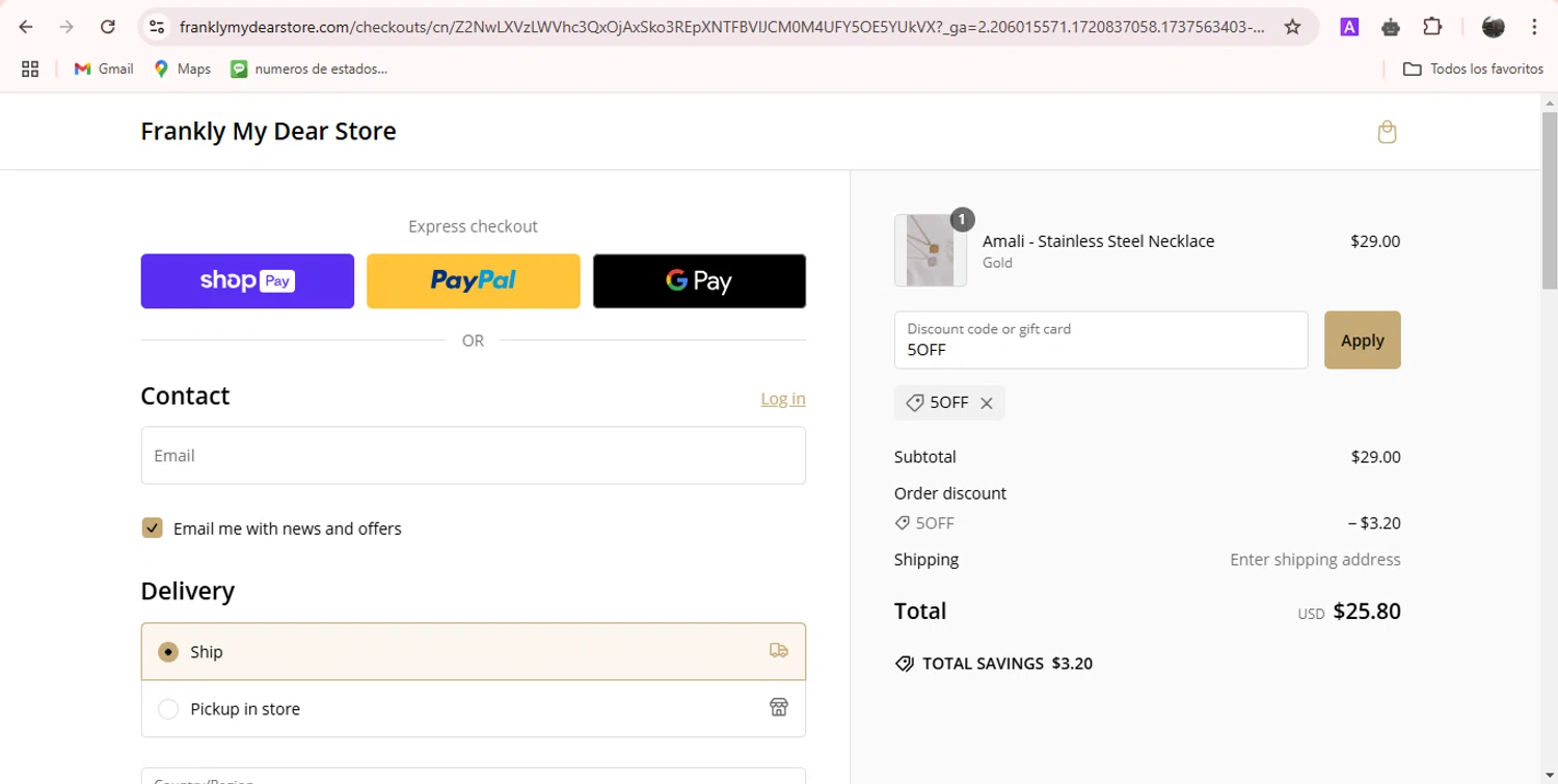 Frankly My Dear discount code screenshot showing code 5OFF applied at Frankly My Dear checkout page. Uploaded by SimplyCodes community member adrianvasquez1 on Jan 22, 2025