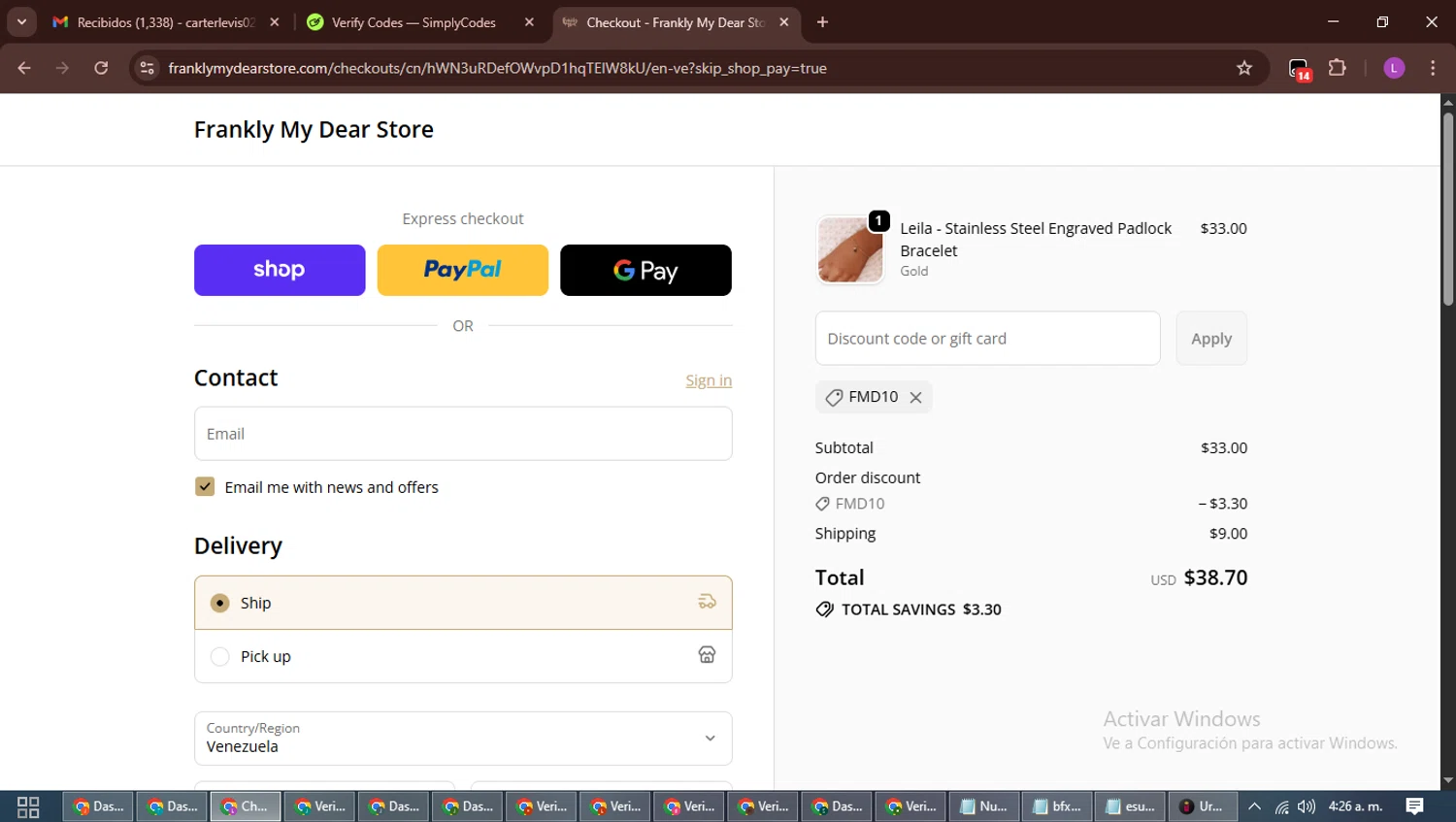 Frankly My Dear discount code screenshot showing code FMD10 applied at Frankly My Dear checkout page. Uploaded by SimplyCodes community member RewardScout5160 on Oct 9, 2025