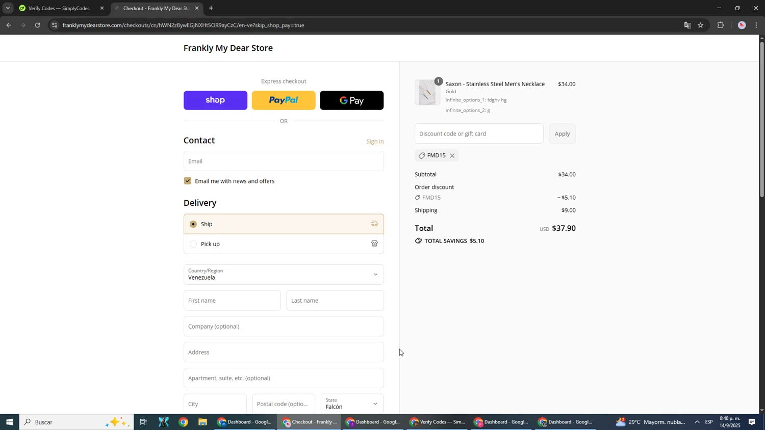 Frankly My Dear discount code screenshot showing code FMD15 applied at Frankly My Dear checkout page. Uploaded by SimplyCodes community member DealScout5970 on Sep 15, 2025