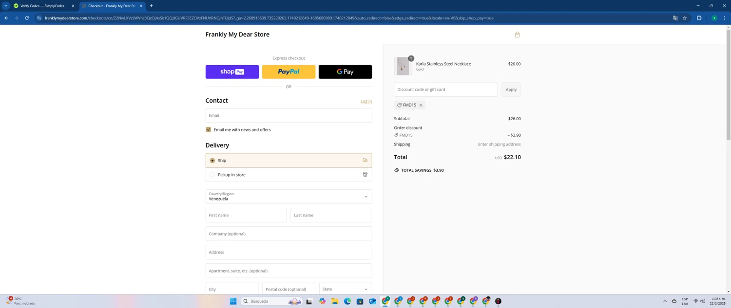 Frankly My Dear discount code screenshot showing code FMD15 applied at Frankly My Dear checkout page. Uploaded by SimplyCodes community member FrugalExpert8809 on Feb 22, 2025