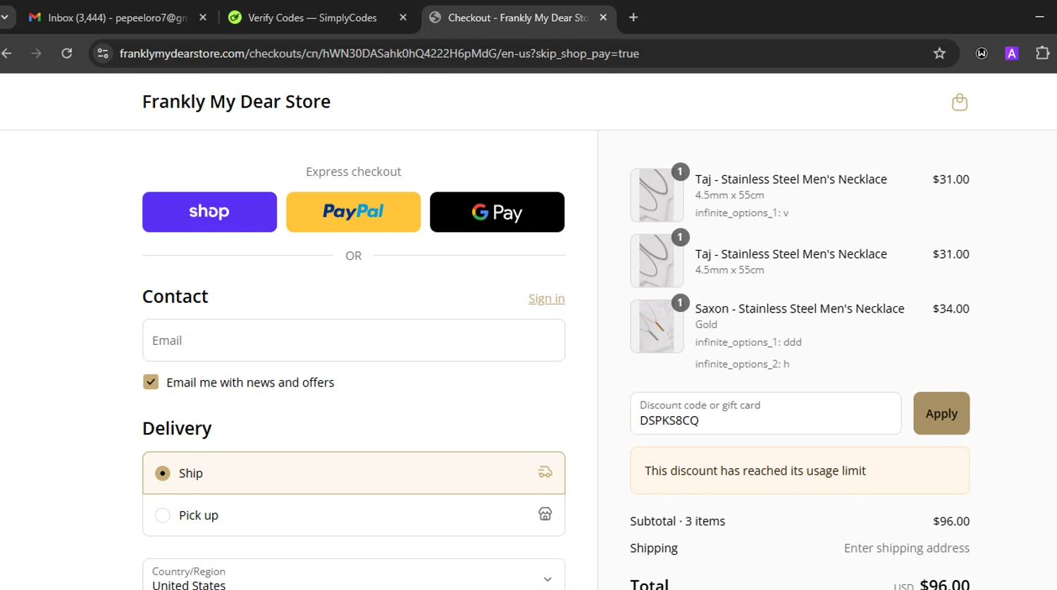 Frankly My Dear discount code screenshot showing code DSPKS8CQ applied at Frankly My Dear checkout page. Uploaded by SimplyCodes community member Eminem on Sep 15, 2025