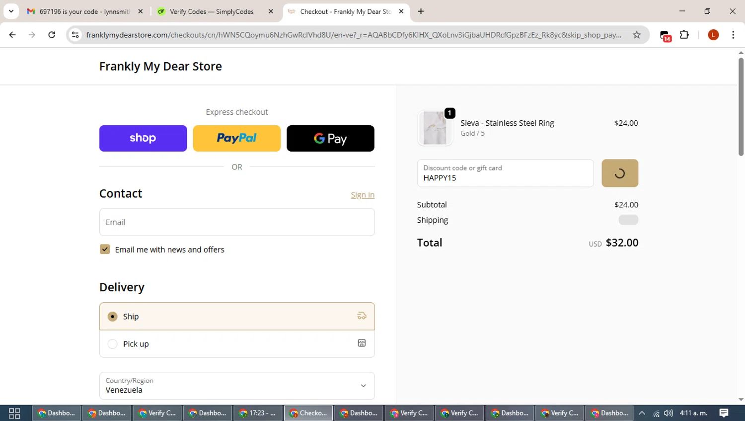 Frankly My Dear discount code screenshot showing code HAPPY15 applied at Frankly My Dear checkout page. Uploaded by SimplyCodes community member BonusHero9692 on Nov 12, 2025