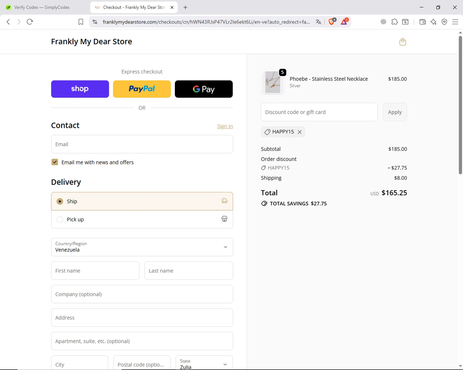 Frankly My Dear discount code screenshot showing code HAPPY15 applied at Frankly My Dear checkout page. Uploaded by SimplyCodes community member ShieldAdmiral6835 on Oct 13, 2025