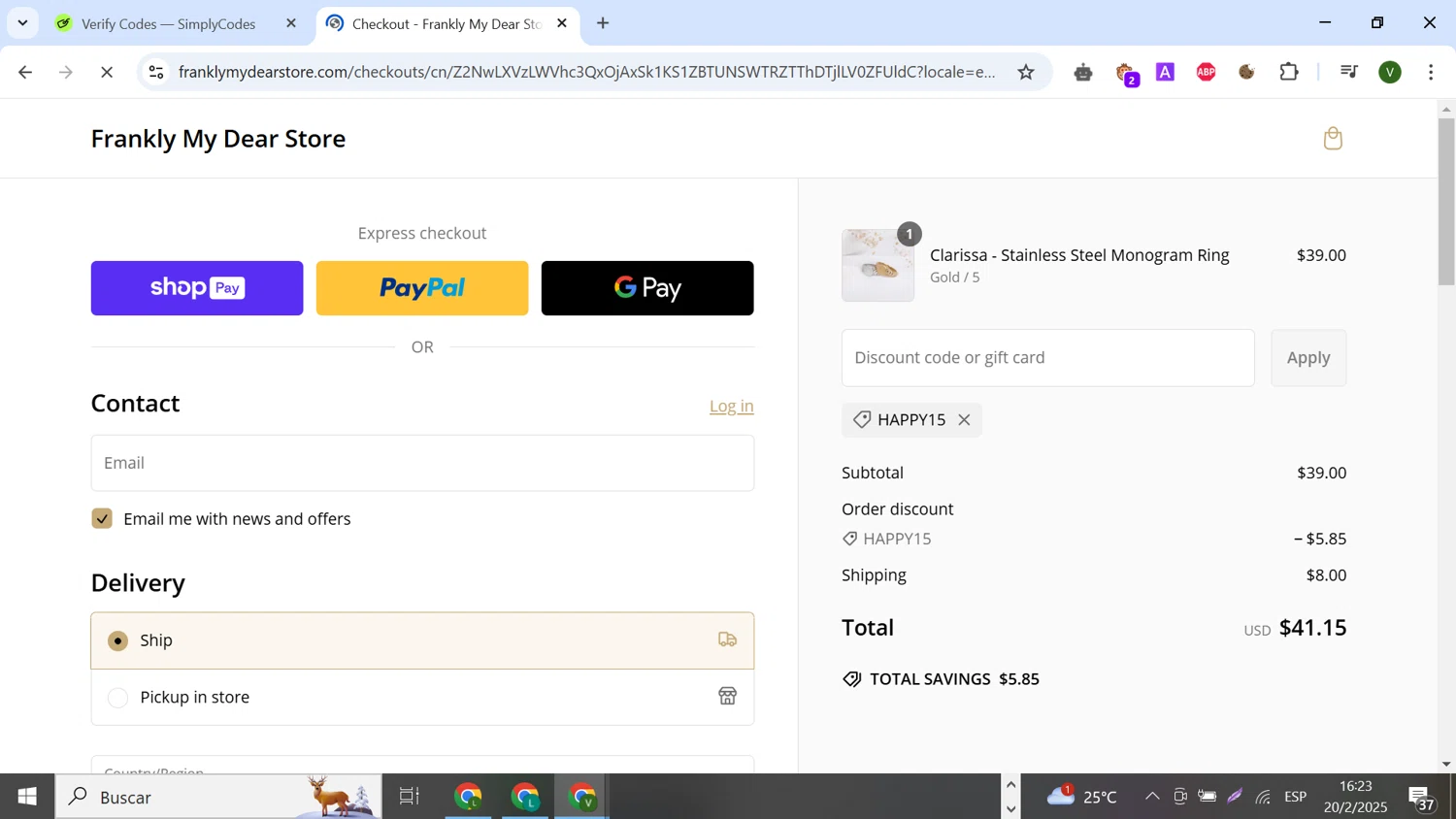 Frankly My Dear discount code screenshot showing code HAPPY15 applied at Frankly My Dear checkout page. Uploaded by SimplyCodes community member SilverCollector8265 on Feb 20, 2025