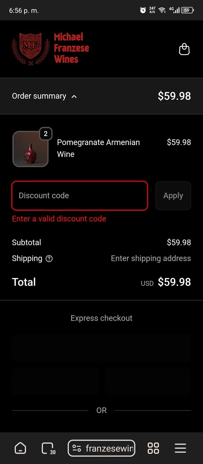 Franzese Wine promo code screenshot showing code SALUTE20 applied at Franzese Wine checkout page. Uploaded by SimplyCodes community member Carlitoxxxxxxxxxxxxxxxxxxxxxxx on Nov 30, 2025
