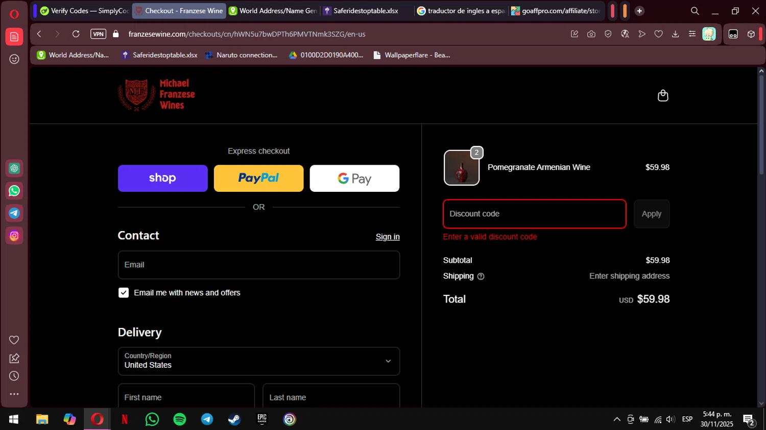 Franzese Wine promo code screenshot showing code SALUTE20 applied at Franzese Wine checkout page. Uploaded by SimplyCodes community member MimusukyNara on Nov 30, 2025