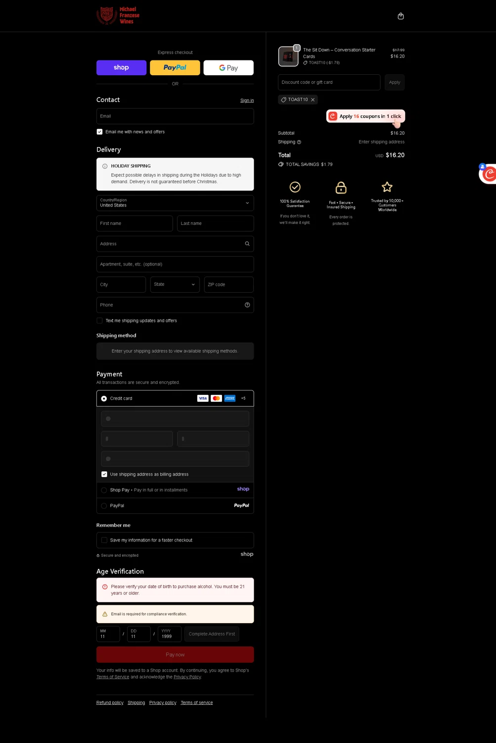 Franzese Wine promo code screenshot showing code TOAST10 applied at Franzese Wine checkout page. Uploaded by SimplyCodes community member Serdanvz on Dec 22, 2025