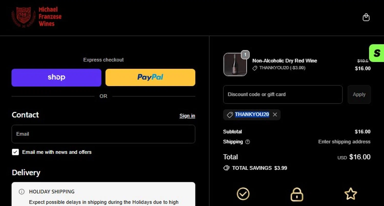 Franzese Wine promo code screenshot showing code THANKYOU20 applied at Franzese Wine checkout page. Uploaded by SimplyCodes community member frankrivero on Jan 5, 2026