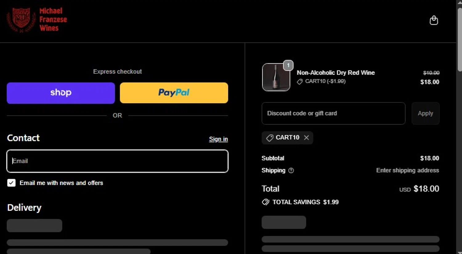 Franzese Wine promo code screenshot showing code CART10 applied at Franzese Wine checkout page. Uploaded by SimplyCodes community member frankrivero on Jan 5, 2026