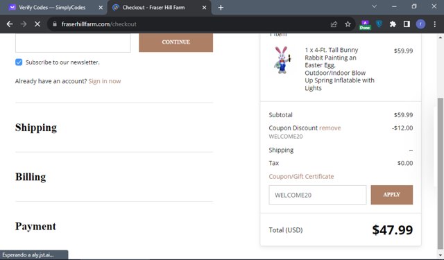 Fraser Hill Farm checkout page showing Fraser Hill Farm coupon code box | Screenshot taken by SimplyCodes community member on Sep 17, 2023