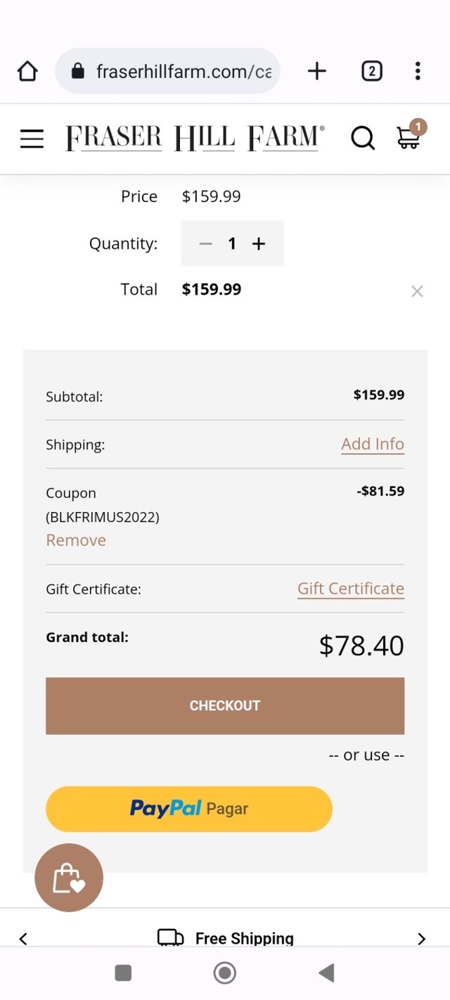 Fraser Hill Farm checkout page showing Fraser Hill Farm coupon code box | Screenshot taken by SimplyCodes community member on Nov 30, 2022