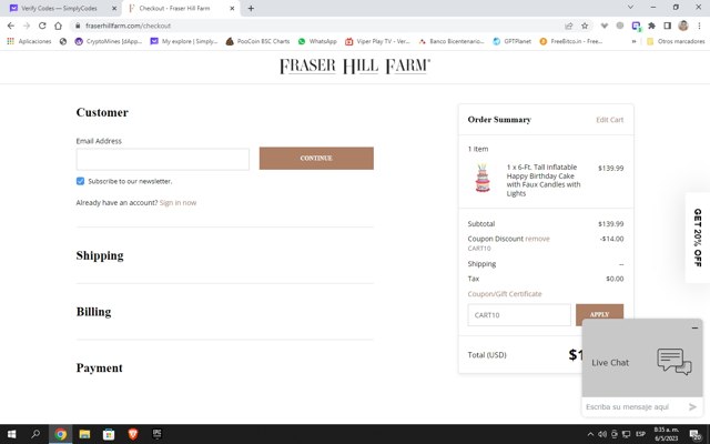 Fraser Hill Farm checkout page showing Fraser Hill Farm coupon code box | Screenshot taken by SimplyCodes community member on May 6, 2023