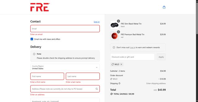 FRĒ Pouch checkout page showing FRĒ Pouch promo code box | Screenshot taken by SimplyCodes community member on Sep 9, 2025