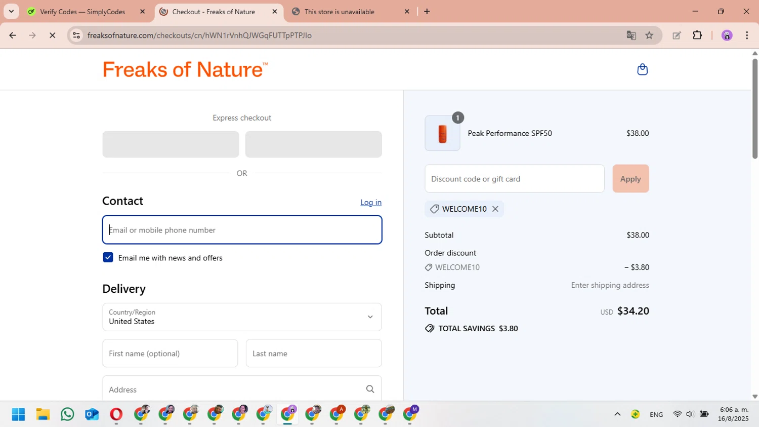 Freaks of Nature discount code screenshot showing code WELCOME10 applied at Freaks of Nature checkout page. Uploaded by SimplyCodes community member MariAPB on Aug 16, 2025