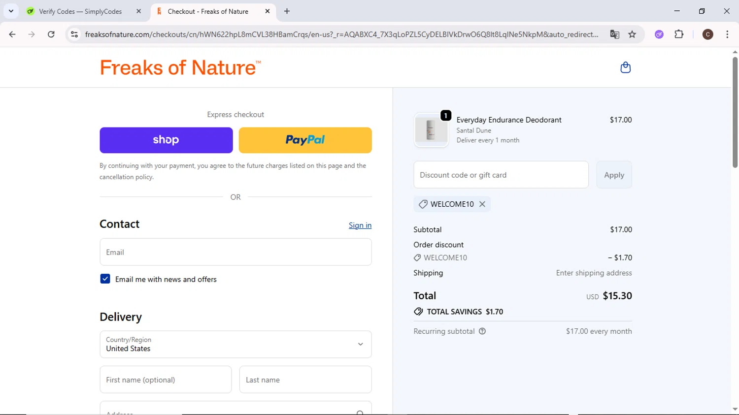 Freaks of Nature discount code screenshot showing code WELCOME10 applied at Freaks of Nature checkout page. Uploaded by SimplyCodes community member MoneyPilot9634 on Dec 4, 2025