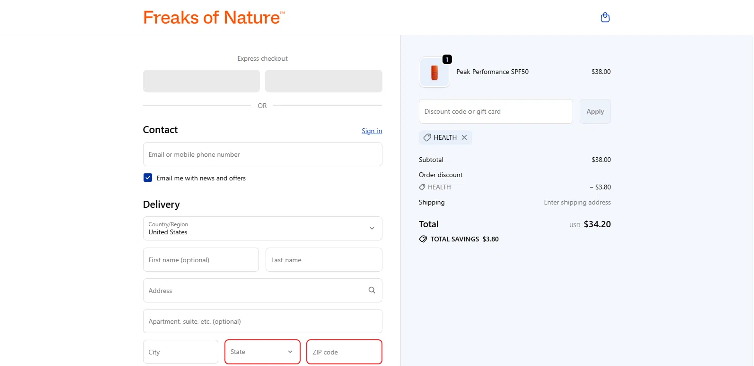 Freaks of Nature discount code screenshot showing code HEALTH applied at Freaks of Nature checkout page. Uploaded by SimplyCodes community member kalltrom21 on Sep 23, 2025