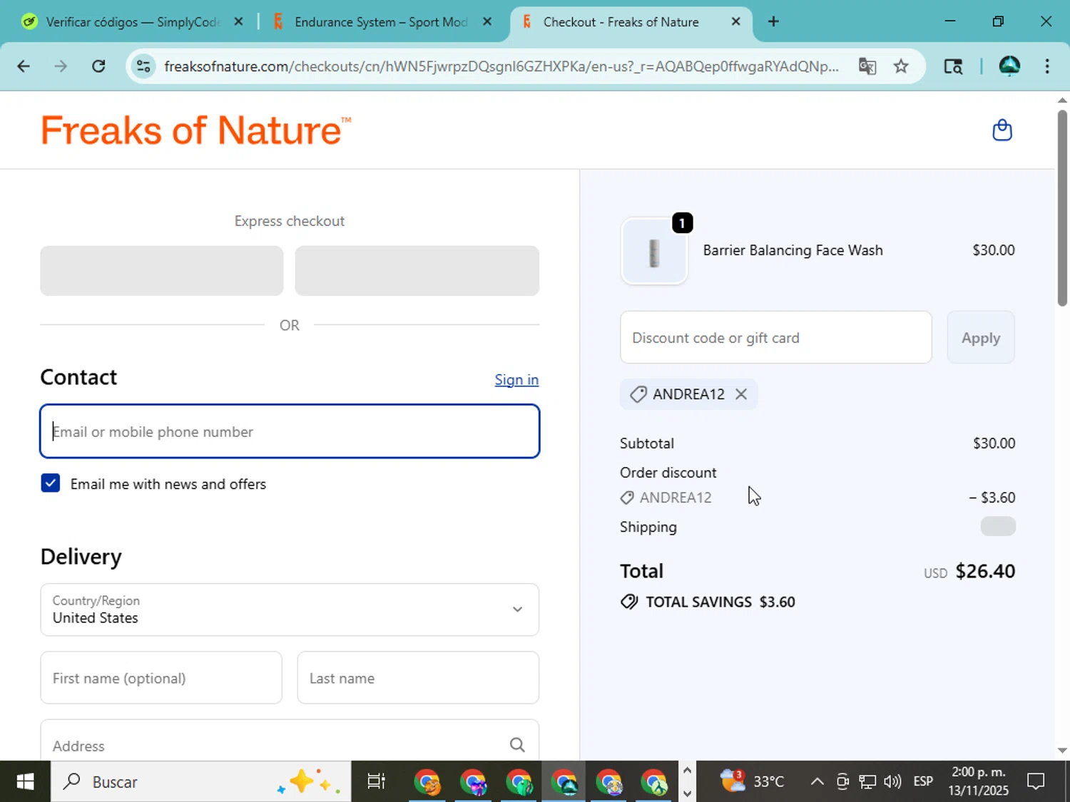 Freaks of Nature discount code screenshot showing code ANDREA12 applied at Freaks of Nature checkout page. Uploaded by SimplyCodes community member ingri85 on Nov 13, 2025