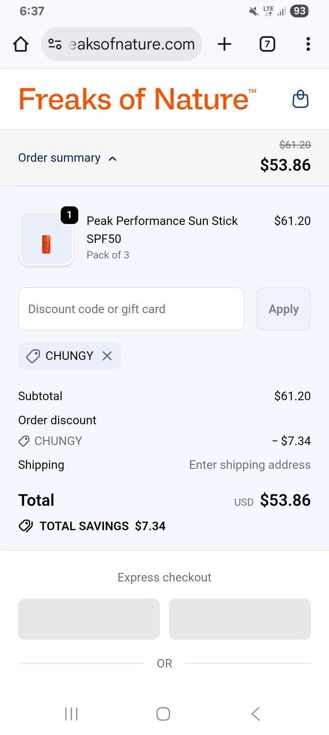 Freaks of Nature discount code screenshot showing code Chungy applied at Freaks of Nature checkout page. Uploaded by SimplyCodes community member KarinaHZ on Dec 2, 2025