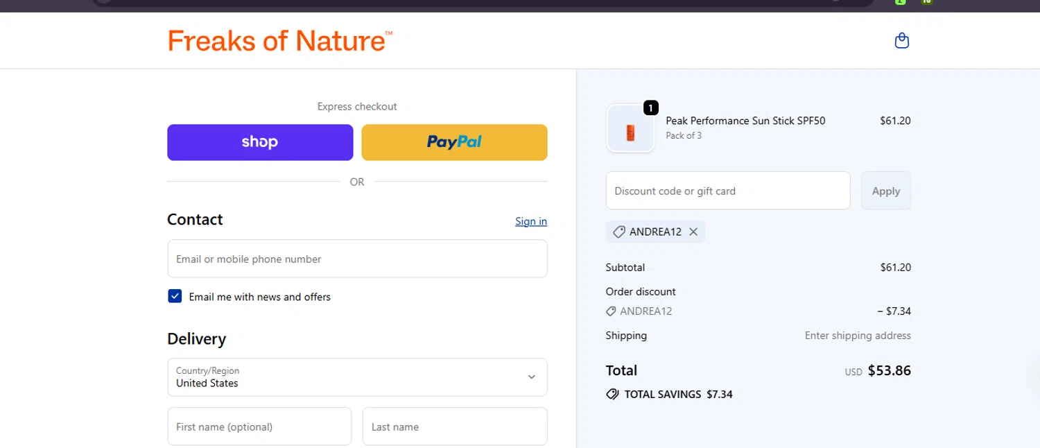Freaks of Nature discount code screenshot showing code ANDREA12 applied at Freaks of Nature checkout page. Uploaded by SimplyCodes community member ashe1986 on Sep 23, 2025