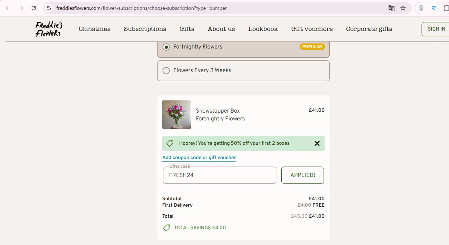 Freddie's Flowers promo code screenshot showing code FRESH24 applied at Freddie's Flowers checkout page. Uploaded by SimplyCodes community member carol_lameda on Dec 19, 2025