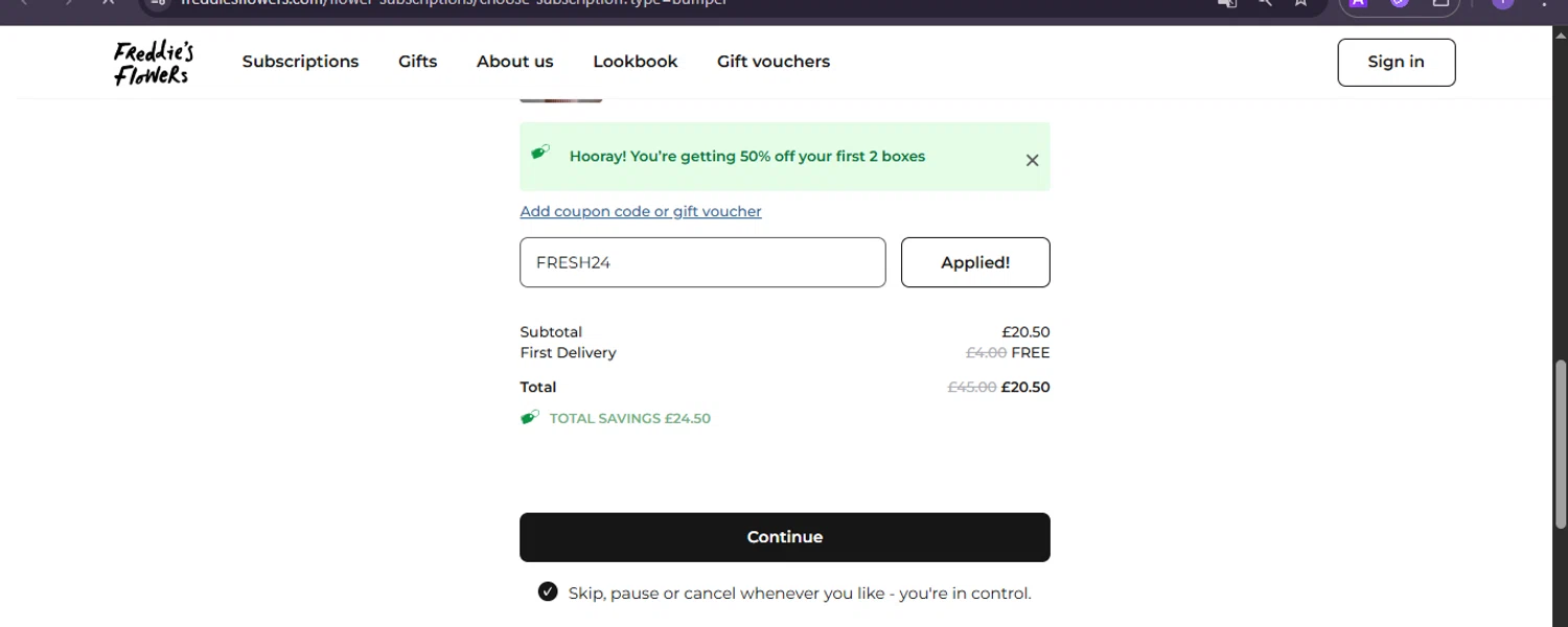 Freddie's Flowers promo code screenshot showing code FRESH24 applied at Freddie's Flowers checkout page. Uploaded by SimplyCodes community member joineds on Jun 28, 2025