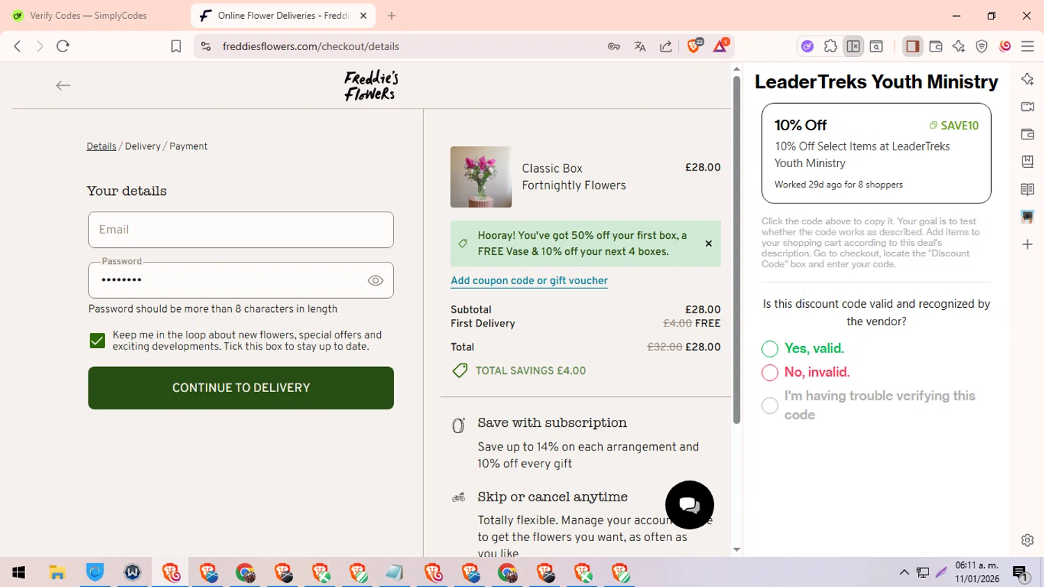 Freddie's Flowers promo code screenshot showing code Shnordic applied at Freddie's Flowers checkout page. Uploaded by SimplyCodes community member Ingeniero on Jan 11, 2026