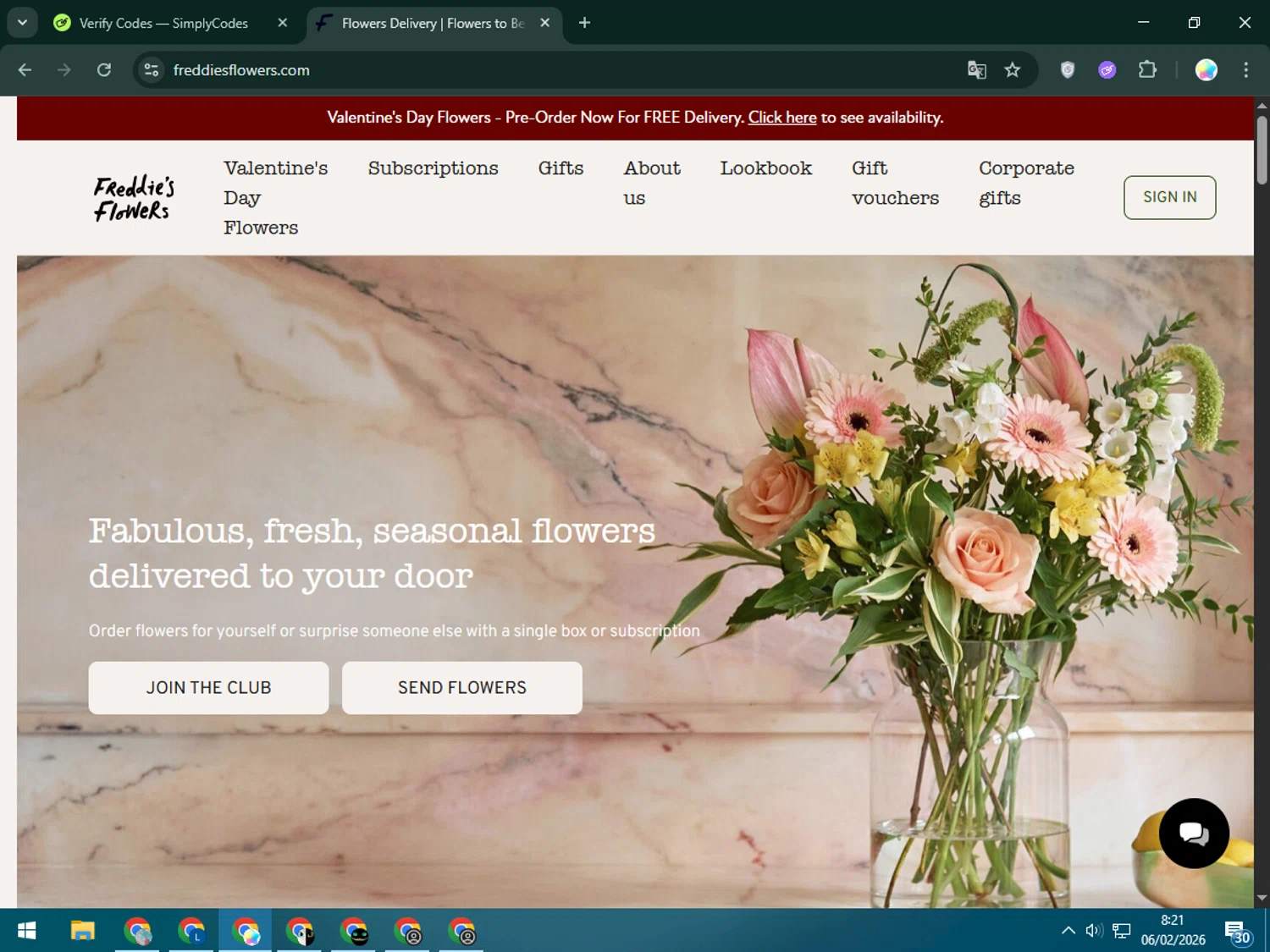 Freddie's Flowers promo code screenshot showing code FLORALSTART applied at Freddie's Flowers checkout page. Uploaded by SimplyCodes community member Estrellitacoairis on Feb 6, 2026
