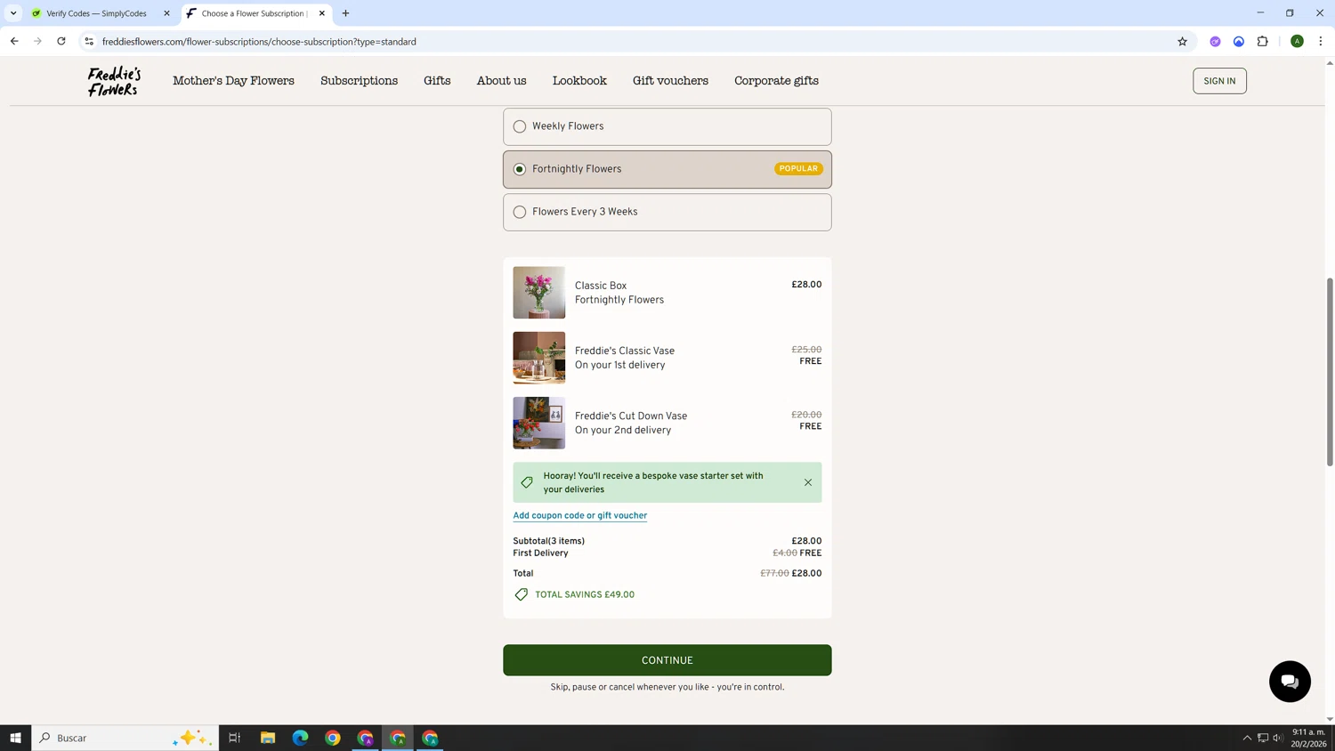 Freddie's Flowers checkout page showing Freddie's Flowers promo code box | Screenshot taken by SimplyCodes community member on Feb 20, 2026