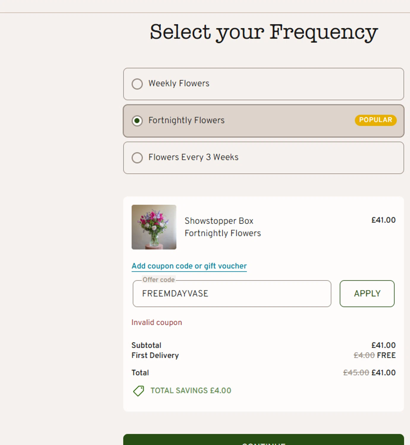 Freddie's Flowers promo code screenshot showing code FREEMDAYVASE applied at Freddie's Flowers checkout page. Uploaded by SimplyCodes community member CouponLion324 on Apr 10, 2026