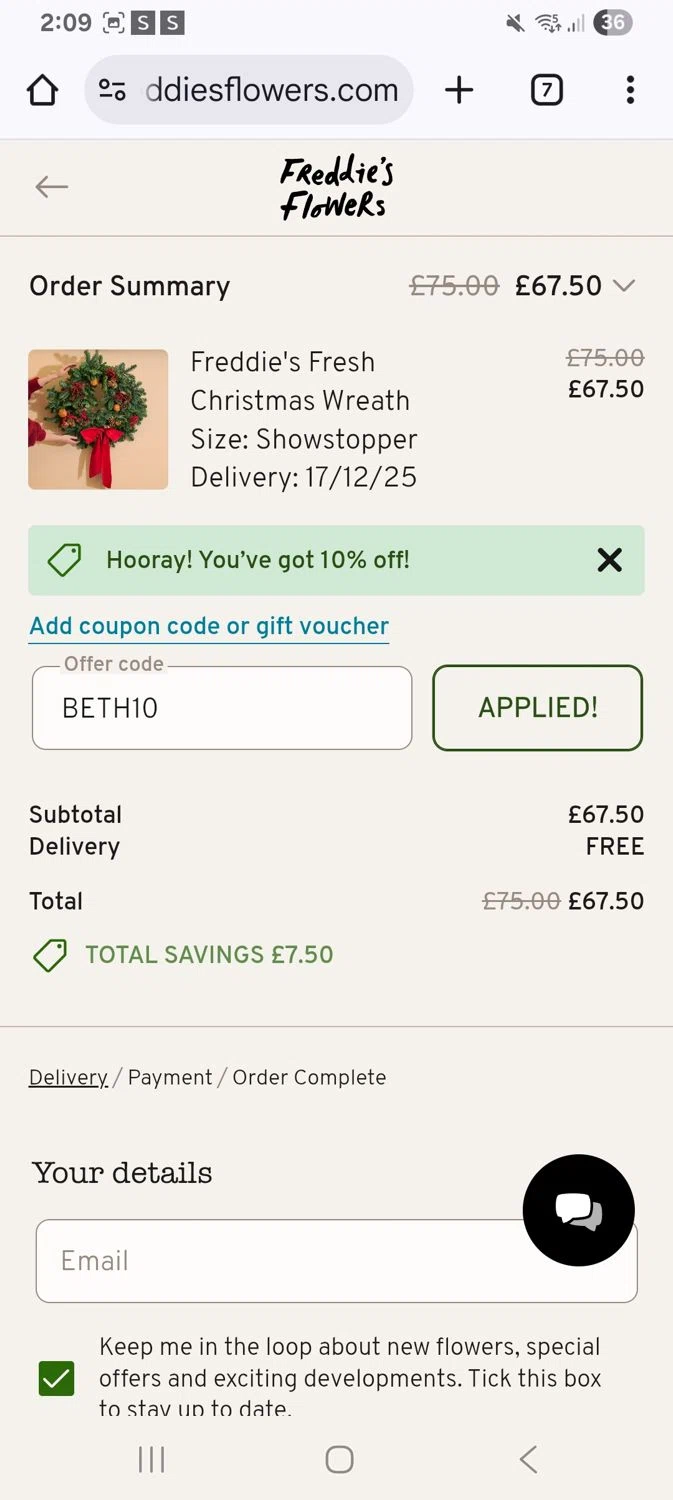 Freddie's Flowers promo code screenshot showing code Beth10 applied at Freddie's Flowers checkout page. Uploaded by SimplyCodes community member KarinaHZ on Dec 9, 2025
