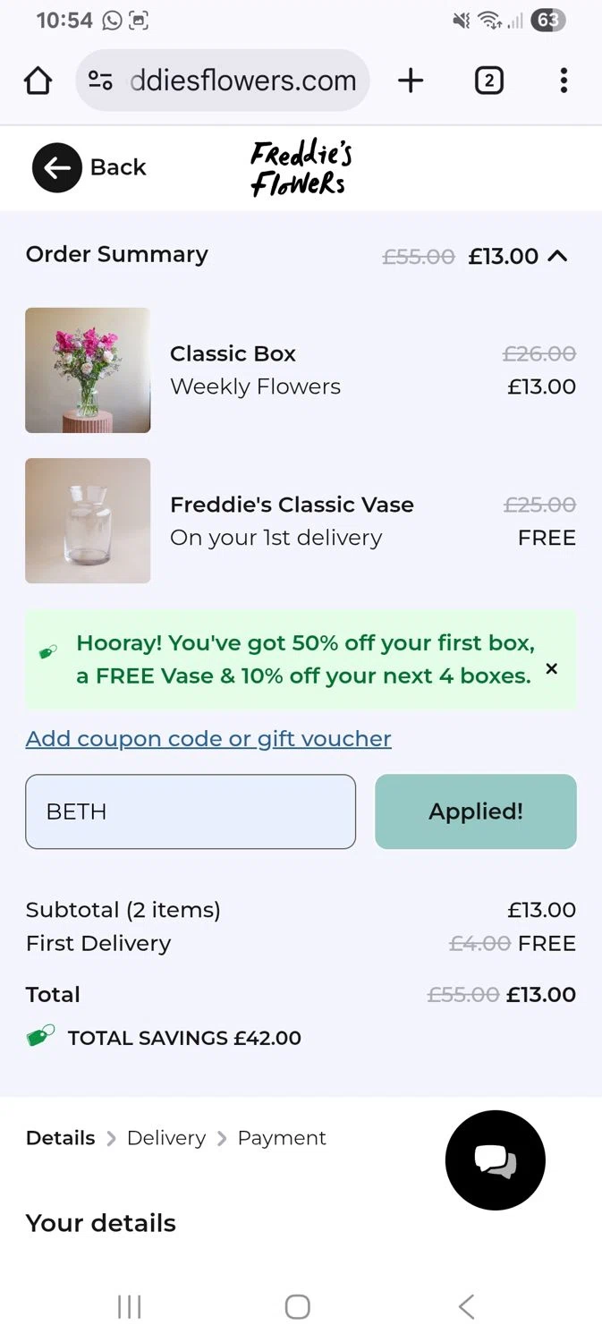 Freddie's Flowers promo code screenshot showing code Beth applied at Freddie's Flowers checkout page. Uploaded by SimplyCodes community member KarinaHZ on Aug 16, 2025