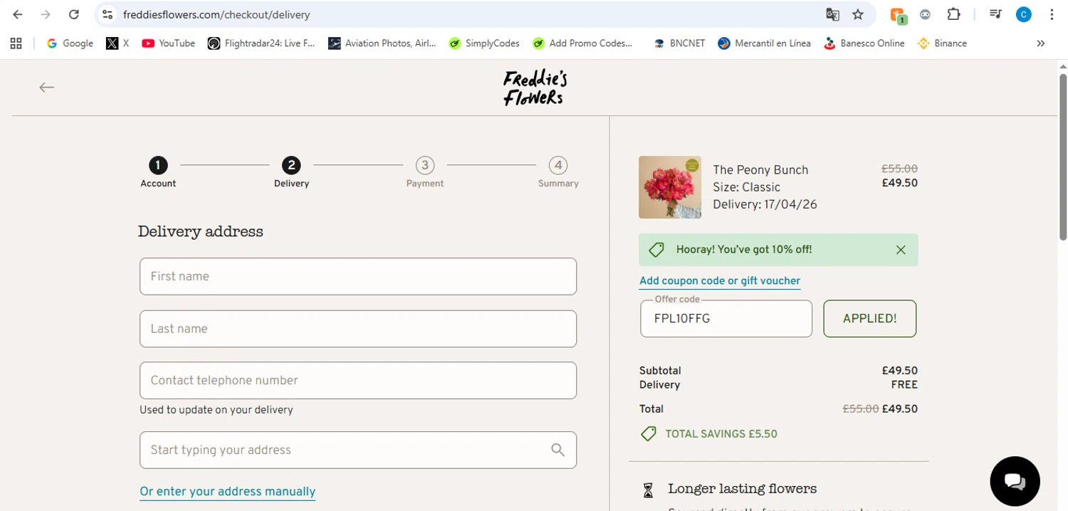 Freddie's Flowers promo code screenshot showing code FPL10FFG applied at Freddie's Flowers checkout page. Uploaded by SimplyCodes community member victor on Apr 10, 2026