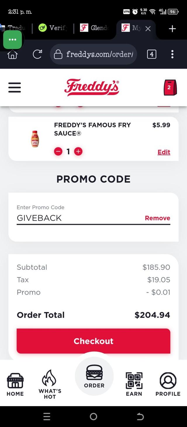 Freddy's checkout page showing Freddy's promo code box | Screenshot taken by SimplyCodes community member on Jul 20, 2025