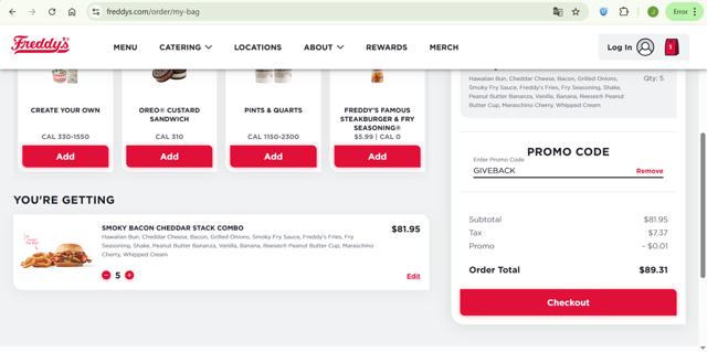 Freddy's checkout page showing Freddy's promo code box | Screenshot taken by SimplyCodes community member on Sep 4, 2025