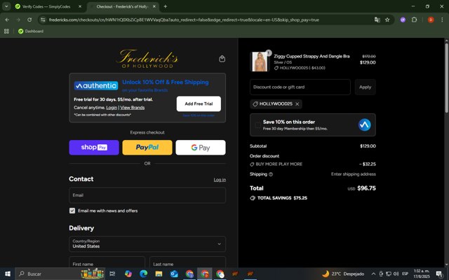 Frederick's of Hollywood checkout page showing Frederick's of Hollywood coupon code box | Screenshot taken by SimplyCodes community member on Aug 17, 2025
