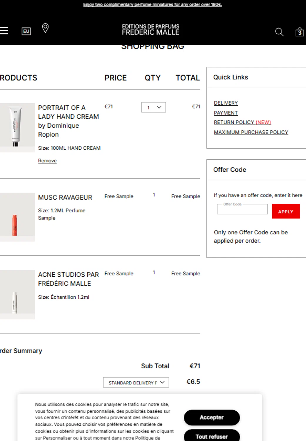 Frederic Malle promo code screenshot showing code Freeship applied at Frederic Malle checkout page. Uploaded by SimplyCodes community member FortunateCurator7837 on Mar 24, 2025