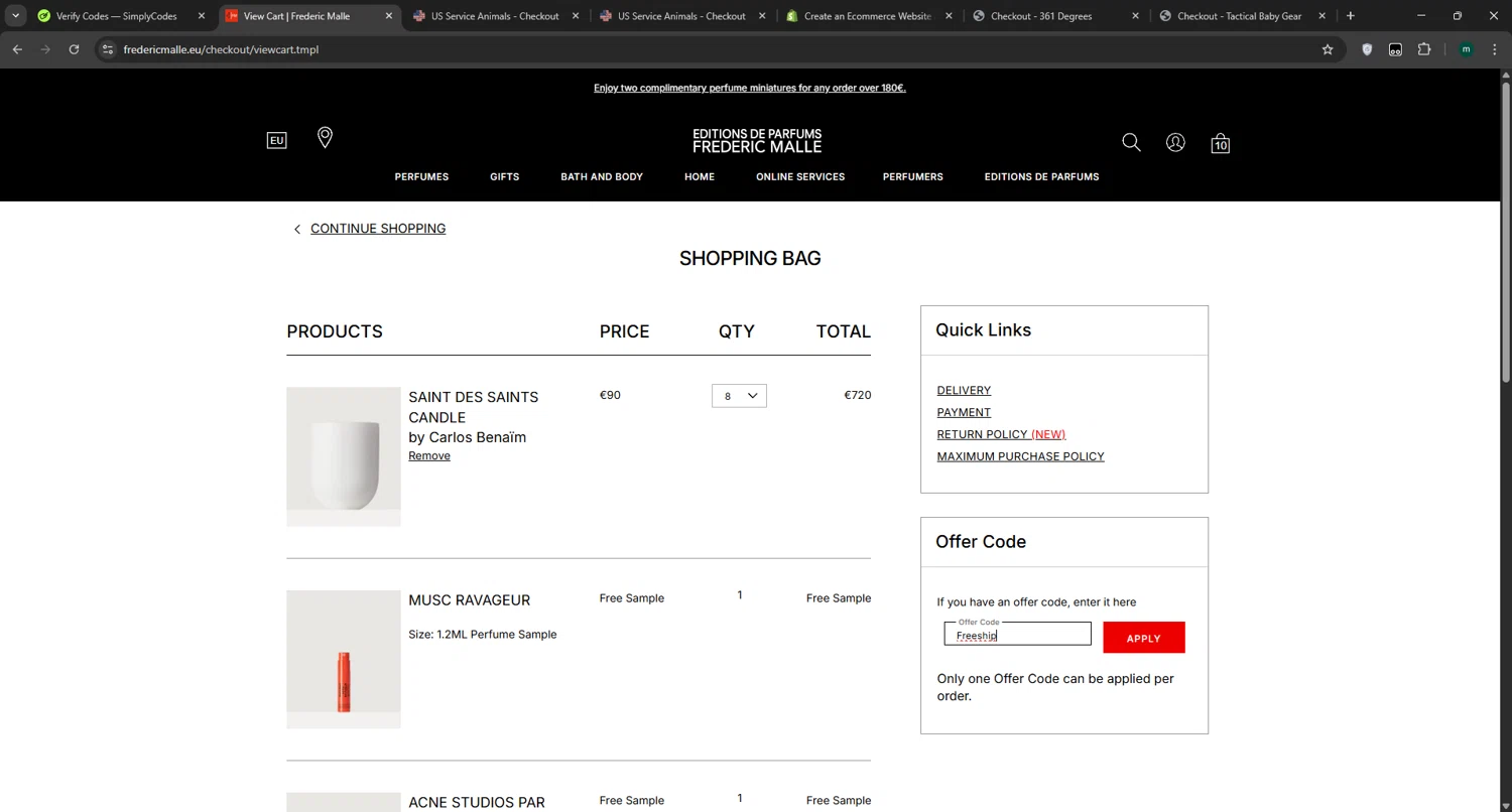 Frederic Malle promo code screenshot showing code Freeship applied at Frederic Malle checkout page. Uploaded by SimplyCodes community member manuelchirinos2 on Mar 24, 2025