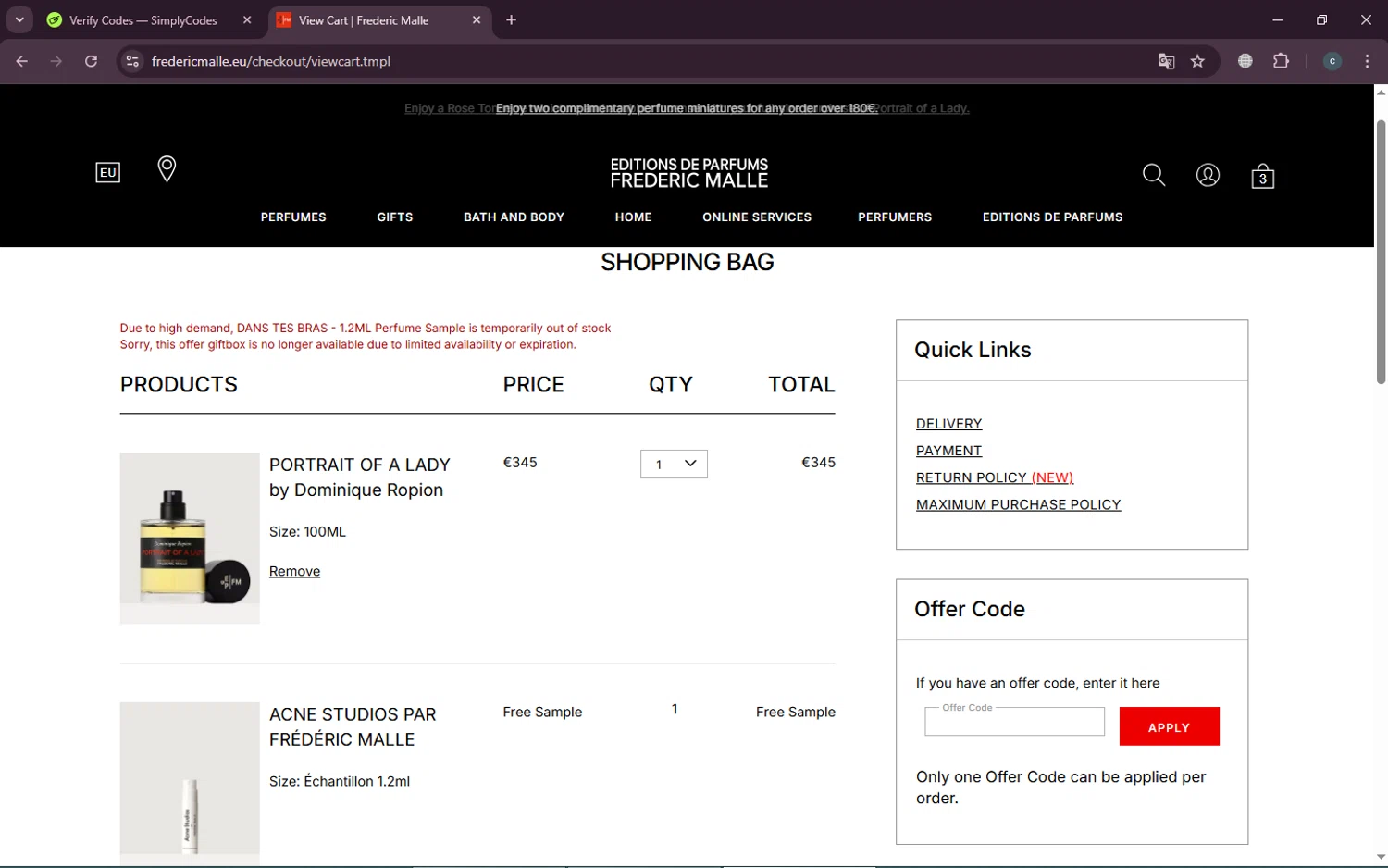 Frederic Malle promo code screenshot showing code giftbox applied at Frederic Malle checkout page. Uploaded by SimplyCodes community member TokenTiger248 on Mar 14, 2025