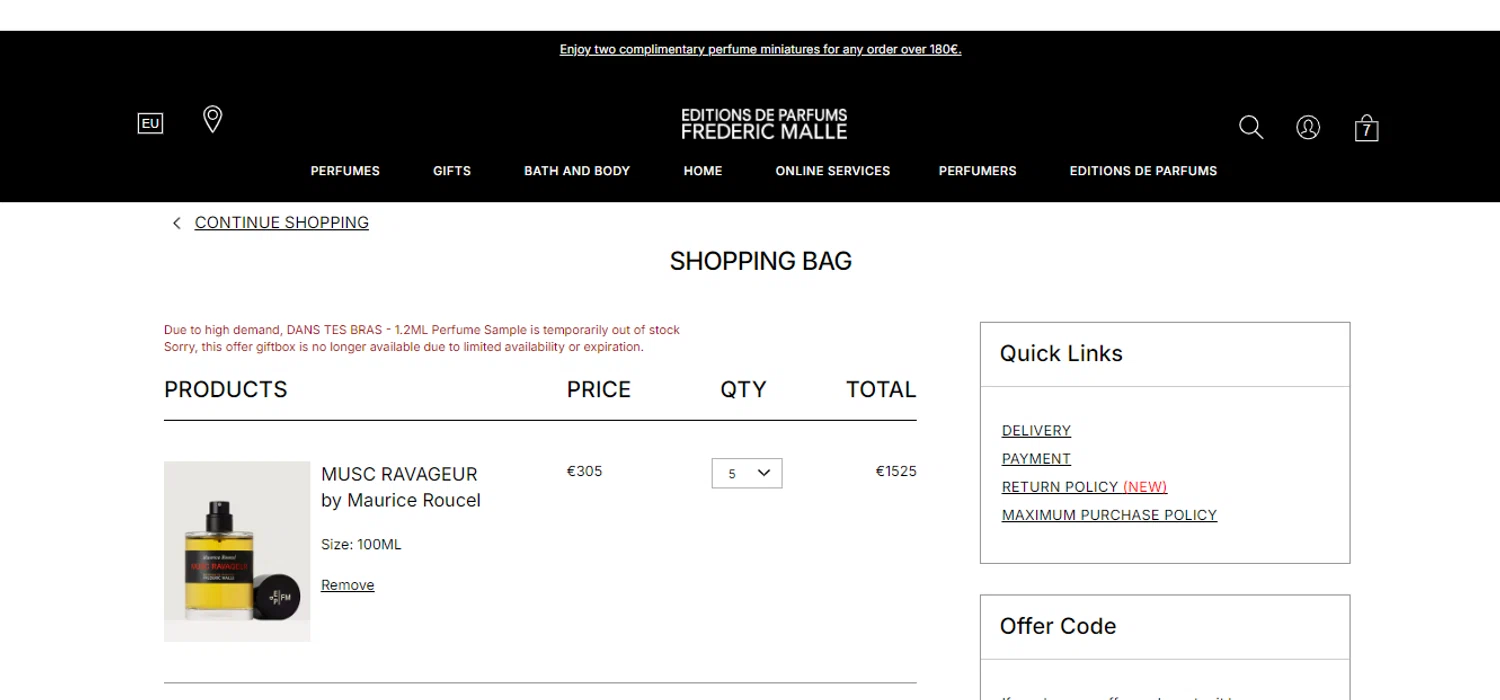 Frederic Malle promo code screenshot showing code giftbox applied at Frederic Malle checkout page. Uploaded by SimplyCodes community member obito1234 on May 9, 2025