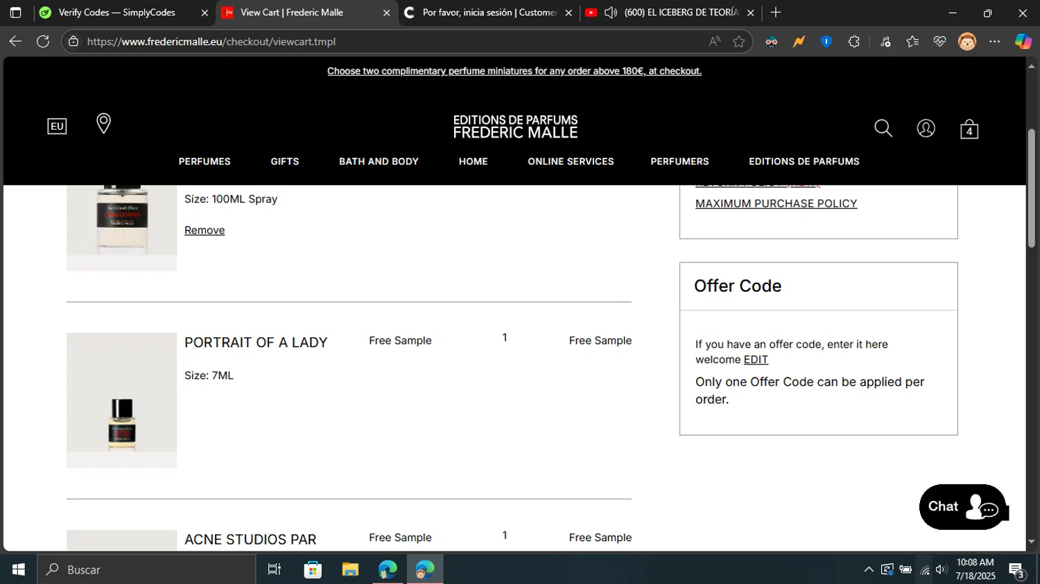 Frederic Malle checkout page showing Frederic Malle promo code box | Screenshot taken by SimplyCodes community member on Jul 18, 2025