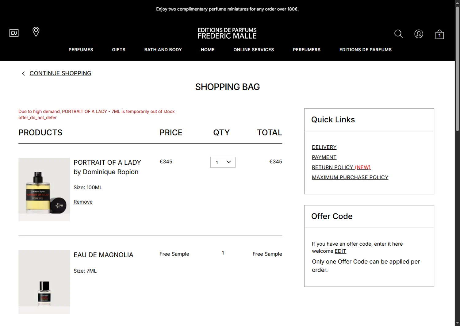 Frederic Malle checkout page showing Frederic Malle promo code box | Screenshot taken by SimplyCodes community member on Apr 10, 2025