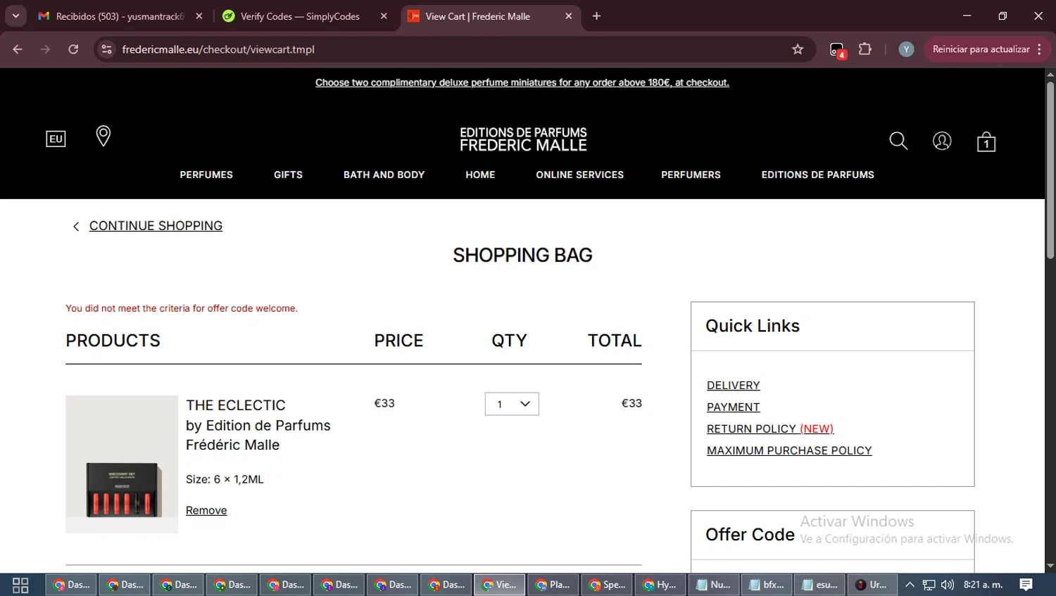 Frederic Malle promo code screenshot showing code WELCOME applied at Frederic Malle checkout page. Uploaded by SimplyCodes community member MoneyTiger5162 on Oct 13, 2025