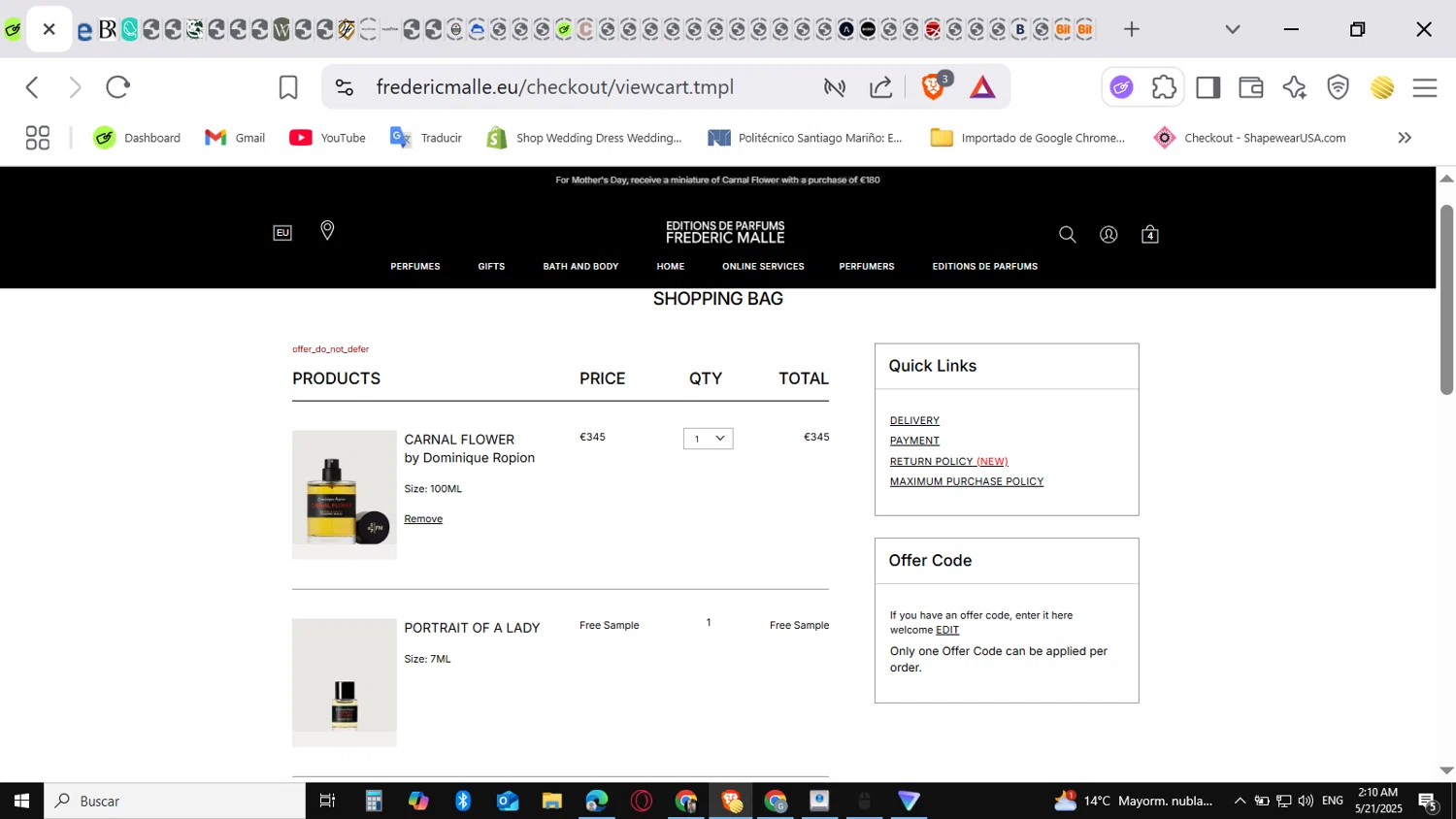 Frederic Malle checkout page showing Frederic Malle promo code box | Screenshot taken by SimplyCodes community member on May 21, 2025