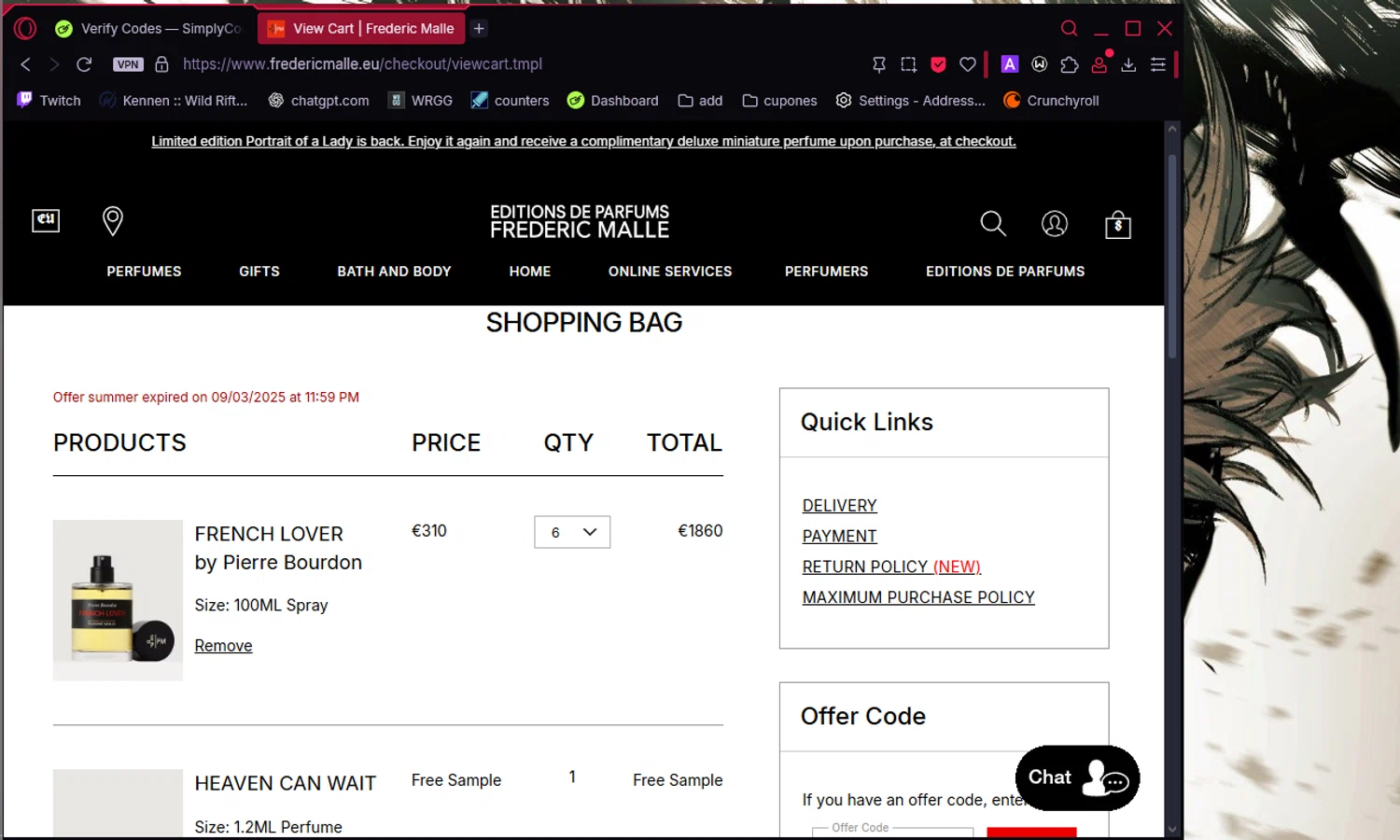 Frederic Malle promo code screenshot showing code SUMMER applied at Frederic Malle checkout page. Uploaded by SimplyCodes community member Chukaflu on Sep 6, 2025