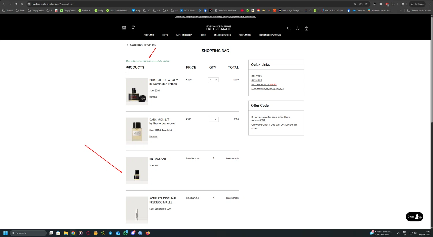 Frederic Malle promo code screenshot showing code SUMMER applied at Frederic Malle checkout page. Uploaded by SimplyCodes community member UnkNownVnzla on Aug 8, 2025