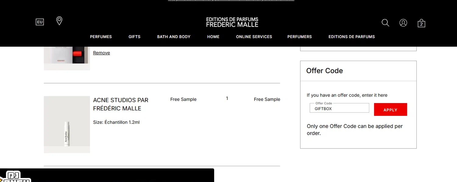 Frederic Malle promo code screenshot showing code GIFTBOX applied at Frederic Malle checkout page. Uploaded by SimplyCodes community member ricardoramirez1 on May 9, 2025