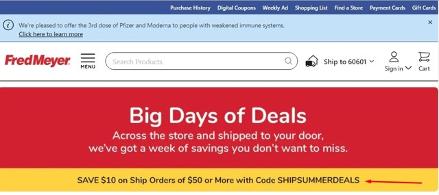 Fred Meyer checkout page showing Fred Meyer promo code box | Screenshot taken by SimplyCodes community member on Sep 16, 2021